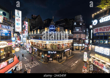 Seoul, South Korea - 3 November 2019: People walk the streets of Insadong nightlife district filled with bar and restaurant. Stock Photo