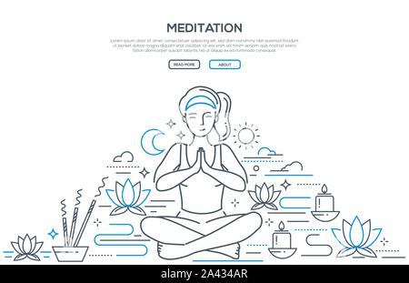 Meditation practices linear landing page vector template Stock Vector