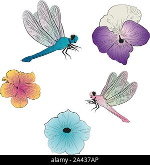 Decorative dragonflies and petunia flowers illustration on white. Stock Vector
