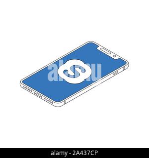 Skype logo on iphone X display isometric outline vector illustration Stock Vector
