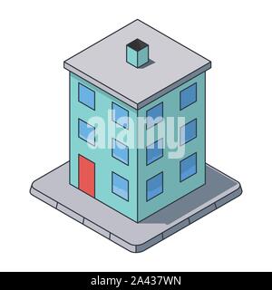Tenement building isometric vector illustration, filled outline style. Private building symbol. Real estate and construction concept. Stock Vector