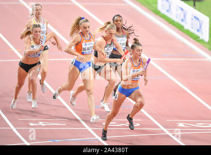 4x400 metres relays final: Netherlands, Canada, Germany. IAAF World Athletics Championships, Doha 2019 Stock Photo