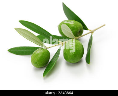 green olives with leaves isolated on white background Stock Photo
