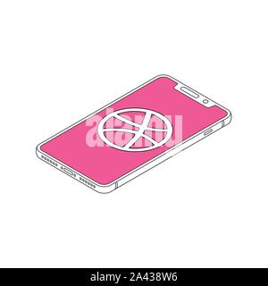 dribbble icon on iphone X display isometric outline vector illustration Stock Vector