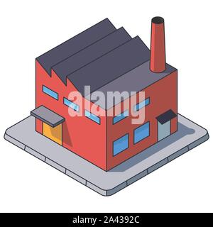 Factory isometric vector illustration, filled outline style. Industrial building symbol. Real estate and industry concept. Stock Vector