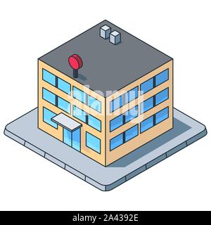 Office building isometric vector illustration, filled outline style. Commercial building symbol. Real estate and construction concept. Stock Vector