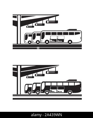 Buses arranged for departure from station - vector illustration Stock Vector