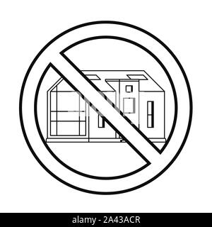 Modern house in prohibition sign on a white background drawn in line art style Stock Vector