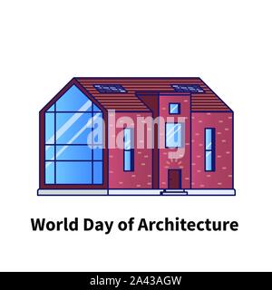 Modern house with text world day of architecture on a white background drawn in flat style Stock Vector