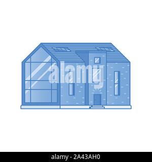 Modern house with a large panoramic window painted in shades of blue on a white background drawn in flat style Stock Vector