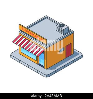 Supermarket store isometric vector illustration, filled outline style. Retail building symbol. Real estate and commerce concept. Stock Vector