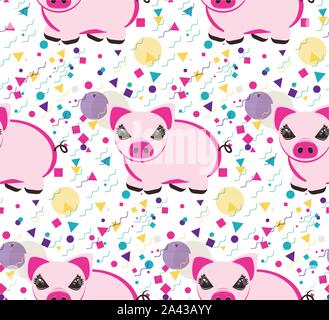 Decorative pattern design with cute pig, abstract background. Stock Vector