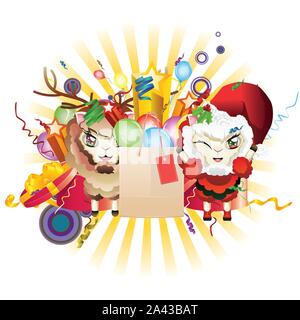 Sheep in Santa suit and sheep in deer suit with gift boxes. Stock Vector
