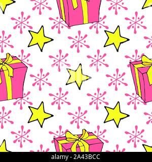 Christmas watercolor seamless pattern with Christmas toys, gifts and snowflakes. Perfect for wallpapers, wrapping paper, pattern fills, winter Stock Vector
