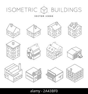 Collection of issometric outline icons of a variety of priveate and commercial buildings like detached house, office buiding, factory, tenement. Stock Vector