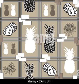 Pineapple Annona-Tartan Abstract seamless repeat pattern. Monochromatic pattern design of Tartan Pineapple Annona Abstract shapes with rectangle shapes in brow black grey and white Stock Vector