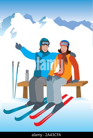 Young couple on ski vacation. Young happy couple jumping, sitting on the bench in snowy mountains. Winter sport vacation. Vector available. Stock Vector