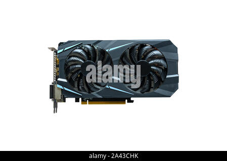 Computer graphics card isolated. Modern card with two cooling fans. Stock Photo