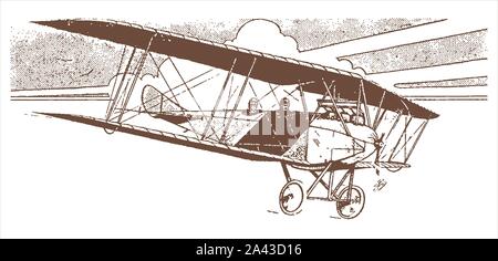Historic two-seater biplane flying in front of clouds. Illustration after a lithography from the early 20th century Stock Vector