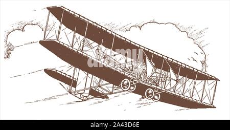 Historic flying school biplane flying in front of huge clouds. Illustration after a lithography from the early 20th century Stock Vector