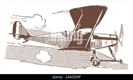 Historic two-seater biplane flying in front of a cloudy sky. Illustration after a lithography from the early 20th century Stock Vector