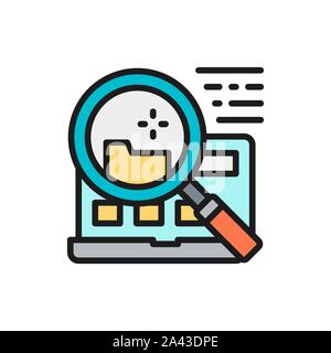 File search in laptop flat color line icon. Stock Vector