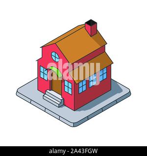 Villa isometric vector illustration, filled outline style. Private building symbol. Real estate and construction concept. Stock Vector