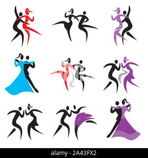Dancing icons. Set of icons with couples dancing modern, classical and disco dance. Vector available Stock Vector