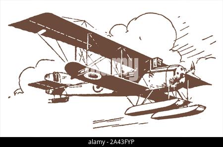 Historical folding-wing reconnaissance seaplane flying in front of clouds. Illustration after a lithography from the early 20th century Stock Vector