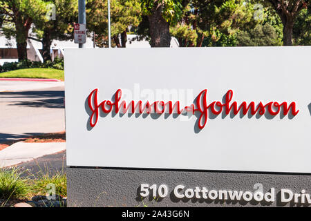 Oct 9, 2019 Milpitas / CA / USA - Johnson & Johnson logo at their offices in Silicon Valley; Johnson & Johnson is an American multinational corporatio Stock Photo
