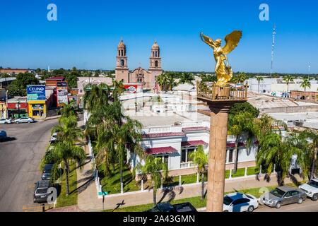 Aerial view of the Angel of Independence in Plaza 5 de Mayo in Navojoa, Sonora, Mexico. This statue of gold or gold color is a replica of the one foun Stock Photo