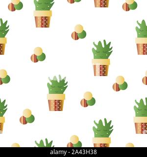 seamless pattern with smiling cactus flowers vector - green and brown colors Stock Vector