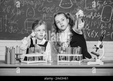We love science. School children performing experiment in science classroom. Little girls scientists holding test tubes at lesson of natural science. Science laboratory for school and education. Stock Photo