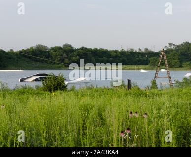 The Quarry Cable Park is a wakeboarding facility in Crystal Lake, Illinois, USA. Stock Photo