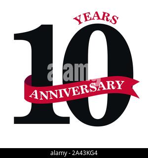 10 years anniversary design with red ribbon isolated on white background for celebration event Stock Vector