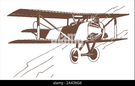 Flying historical two-seater passenger biplane. Illustration after a lithography from the early 20th century Stock Vector