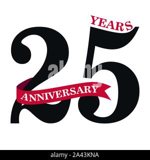 25 years anniversary design with red ribbon isolated on white background for celebration event Stock Vector