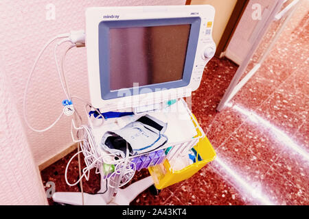 Valencia, Spain - September 10, 2019: Mindray iMEC 10 medical monitoring and diagnosis device in a hospital corridor. Stock Photo