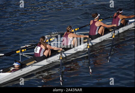 Boston, MA / USA - October 22, 2017: Woman's coxed four boat making their way down the Head of the Charles race course Stock Photo