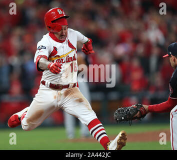 St. Louis, United States. 11th Oct, 2019. St. Louis Cardinals Kolten Wong (16) is thrown out on a bunt as Washington Nationals first baseman Ryan Zimmerman takes the throw in the ninth inning of Game 1 of the National League Championship Series at Busch Stadium in St. Louis on Friday, October 11, 2019. Nationals starting pitcher Anibal Sanchez threw 7 2/3 hitless inning as the Nationals shut out the Cardinals 2-0. Photo by Bill greenblattUPI Credit: UPI/Alamy Live News Stock Photo