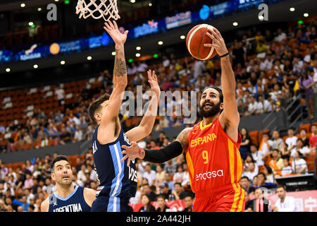 Ricky Rubio, right, of Spain men's national basketball team challenges a player of Argentina national basketball team during the 2019 International Me Stock Photo