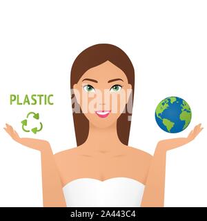 Girl holding planet and a plastic recycling sign say no plastic pollution recycling ecology problem save the earth concept female eco activist. No Stock Vector