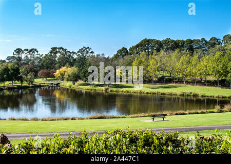Garden seat overlooking large duck pond in community parkland filled with green trees and walkways including bridge over water against blue sky Stock Photo