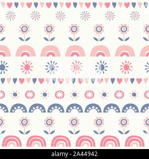 Seamless repeat pattern of rainbows, flowers, hearts and sunshine shapes in rows. Vector design background. Stock Vector