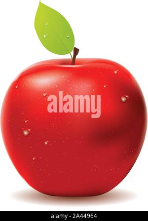 Red apple with leaf and water drops on white background. Stock Vector