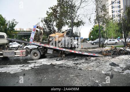 View of debris of the self-igniting car in Chengdu city, southwest China¯s Sichuan province, 5 August 2019.   A car self-ignites itself and explodes i Stock Photo