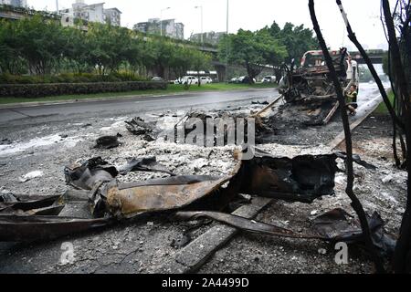 View of debris of the self-igniting car in Chengdu city, southwest China¯s Sichuan province, 5 August 2019.   A car self-ignites itself and explodes i Stock Photo