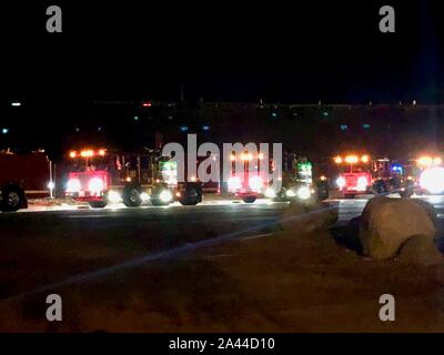 Slymar, California, USA. 11th Oct, 2019. Firetrucks return to the Fire Command Center Credit: Amy Katz/ZUMA Wire/Alamy Live News Stock Photo