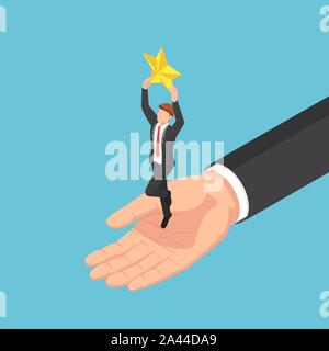 Flat 3d isometric giant hand helping businessman to catch the star. Business team and success concept. Stock Vector