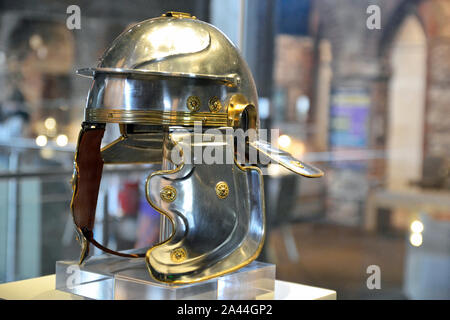 Helmet in the style of the Roman Army in the Ancient Rome Exhibition inside Colchester Castle, Colchester, Essex, UK Stock Photo